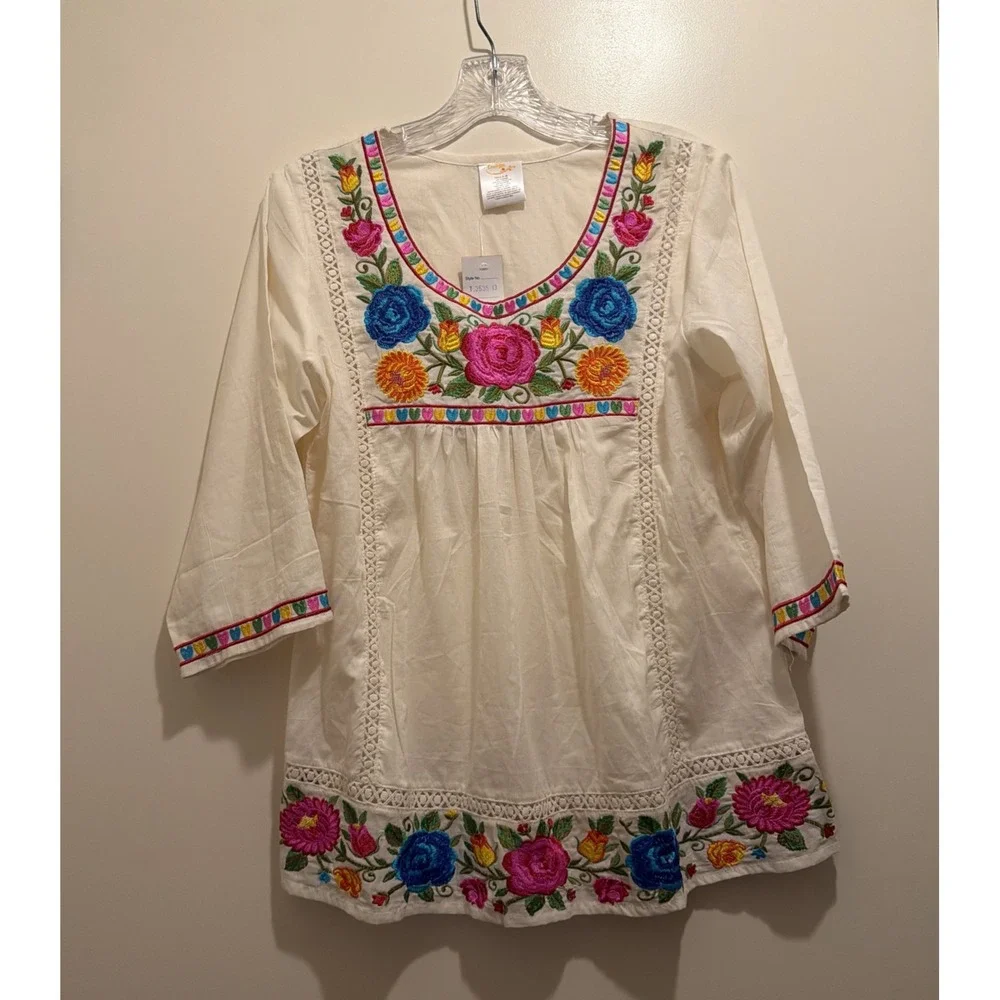 Durga Women's Top Heavily Embroidered Floral Shirt Vibrant Multicolor Med White